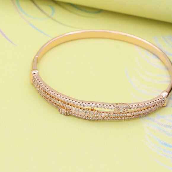 Triple Row Rose Gold Bangle with Sparkling Geometric Accents, XPBL0557 - Picture 4 of 12